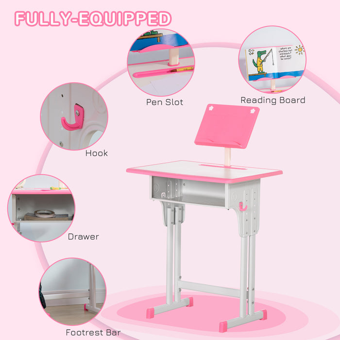 Kids Study Desk and Chair Combo - Adjustable Height, Storage Drawer, Book Stand, Cup Holder, Pen Holder - Ideal for Homework and Art Projects