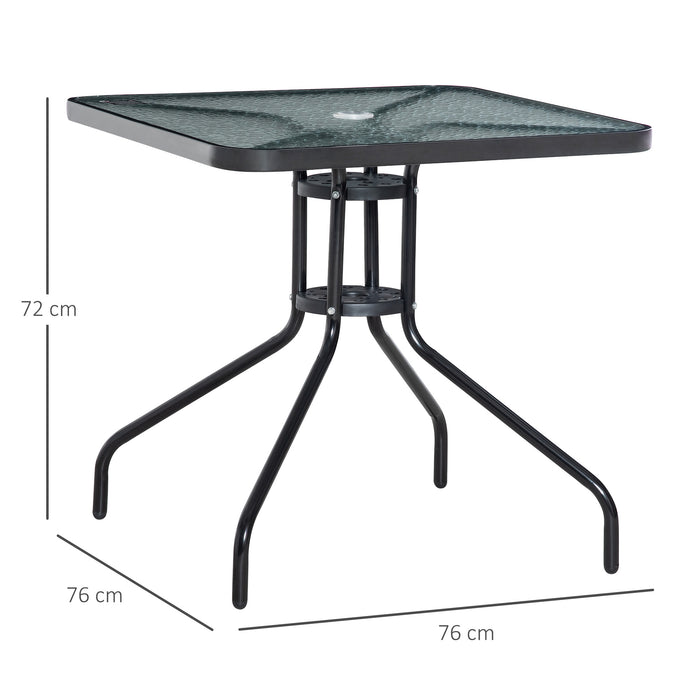 Tempered Glass Square Patio Table - Weather-Resistant Garden Bistro & Dining Table with Steel Frame, 76x76cm - Outdoor Entertainment with Umbrella Hole Compatibility