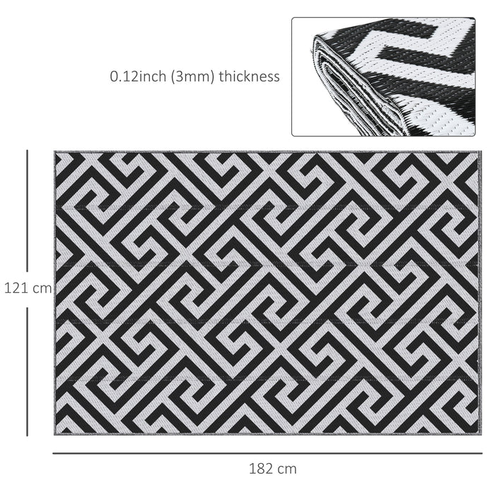 Outdoor Patio Rug - 121 x 182 cm Reversible Black & White Mat, Plastic Straw, Portable & Easy Clean - Ideal for RV Camping, Garden Deck Picnic, and Indoor Use