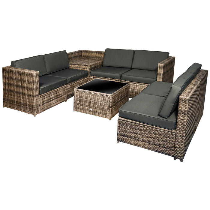 6-Seater Rattan Wicker Sofa Set - Outdoor Patio Furniture with Storage Side Table and Cushions, Mixed Brown - Ideal for Entertaining and Relaxation