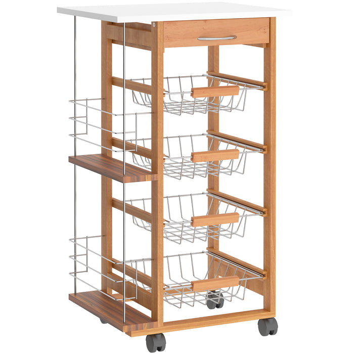 Kitchen Storage Organizer Trolley - 4-Tier Utility Cart with Basket Drawers & Side Racks - Mobile Serving Solution for Dining Room