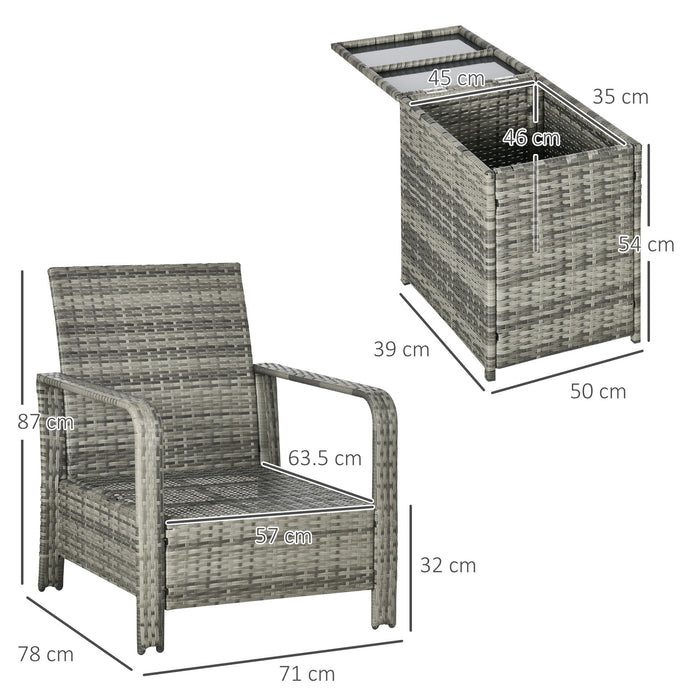 PE Rattan 3-Piece Bistro Patio Set - Wicker Garden Furniture with Storage Table and Orange Cushions, Mixed Grey - Ideal for Conservatory or Outdoor Lounging