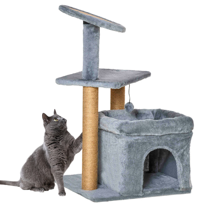 Kitten Activity Center with Scratching Posts - Multi-Level Cat Tree Tower with Condo Perch Bed & Interactive Ball Toy, 48x48x84cm - Ideal for Playful Cats and Kittens, Grey