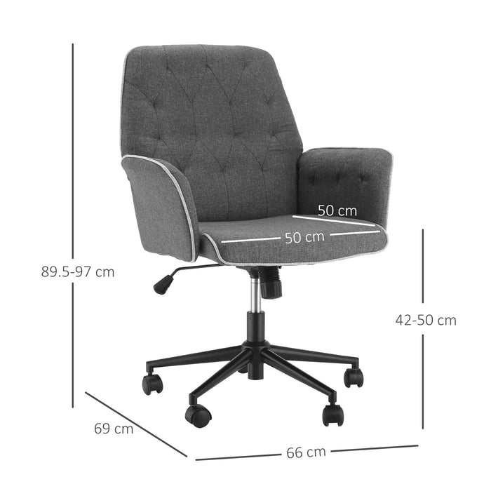 Linen Swivel Office Chair - Mid-Back Adjustable Computer Desk Chair with Arms in Grey - Comfortable Seating for Professionals and Students