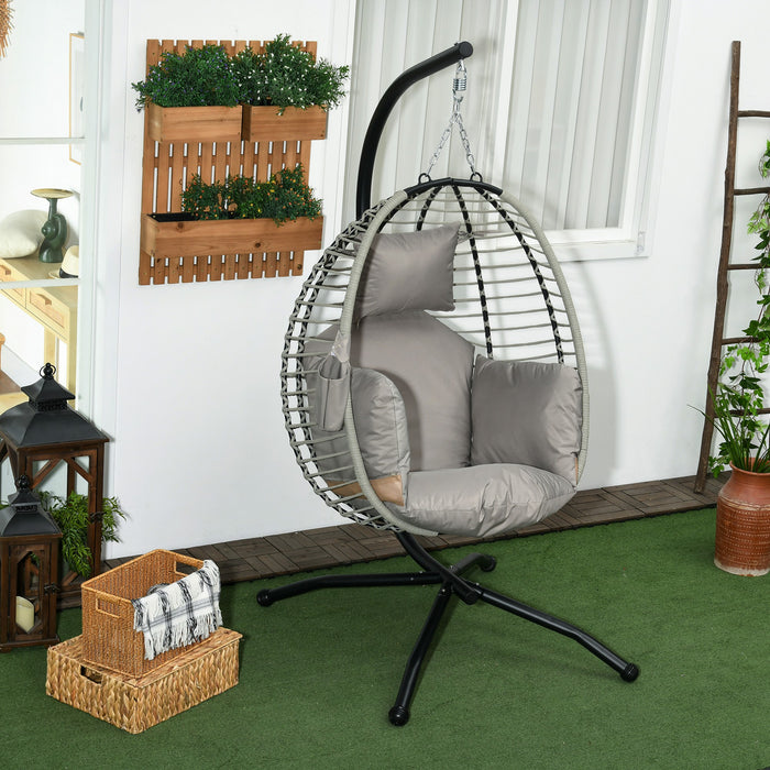 Outdoor Swing Chair with Cushioned Seat - Sturdy Metal Stand, Foldable Basket Design, Built-In Cup Holder - Comfy Hanging Lounger for Patio or Indoor Use, Grey