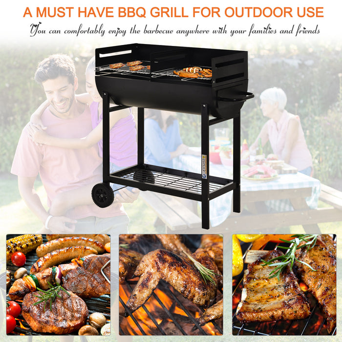 Black Charcoal BBQ Trolley with Dual Grill - Adjustable Heat-Resistant Grill Nets for Outdoors - Portable Garden Barbecue with Wheels for Easy Movement