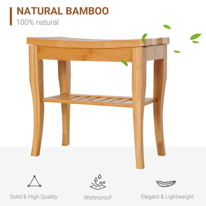 Bamboo Shower Bench with Storage Shelf - Eco-Friendly Water-Resistant Spa Stool - Ideal for Bathroom Organization and Comfort