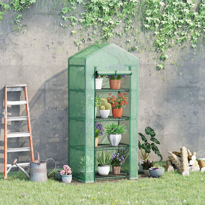 4 Tier Mini Greenhouse - Compact Portable Structure with PE Cover & Steel Frame, Roll-up Door - Ideal for Limited Space Gardening and Plant Protection