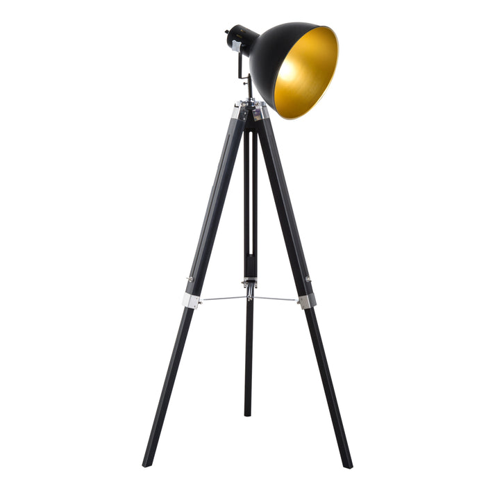 Tripod Spotlight Floor Lamp with Wooden Legs - Black and Gold Ø 30 cm Shade, 152cm Tall, Max 40W - Ideal for Studio Lighting and Home Ambiance