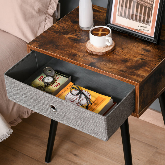 Retro Style Nightstand with Removable Fabric Drawer - Rustic Brown and Black Wooden Legged End Table - Versatile Side Table for Bedrooms & Living Spaces