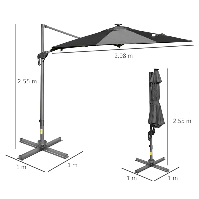 3M Cantilever Roma Parasol - Adjustable Garden Sun Umbrella with Solar LED Light, UV50+ Protection, Aluminum, Tilt & Crank Features - Perfect for Outdoor Relaxation and Nighttime Ambiance