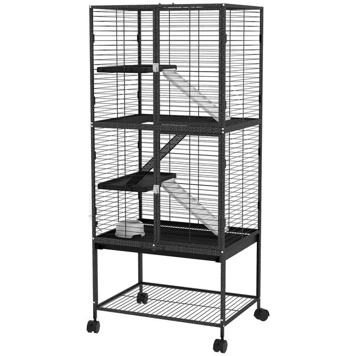 Rolling Chinchilla Cage with Accessories - Multi-Level Small Animal Habitat with 3 Access Doors, Storage Shelf & Removable Trays - Ideal for Ferrets, Includes Food Bowl & Water Bottle