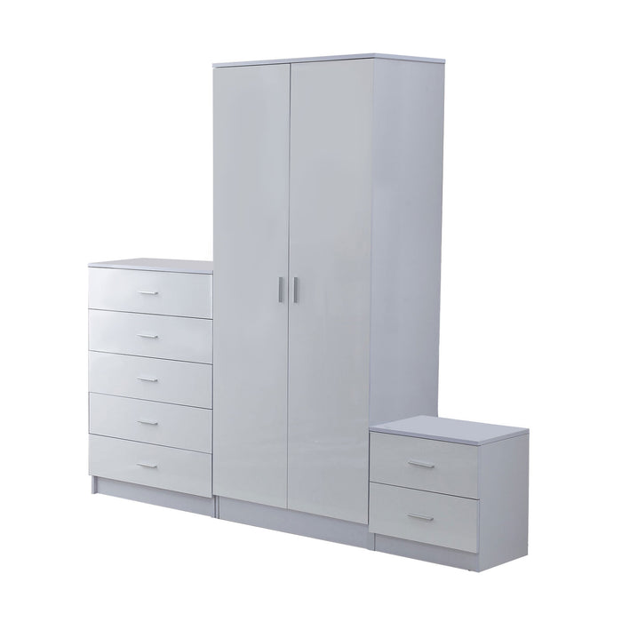 High Gloss White 3-Piece Bedroom Set - Sleek Trio of Wardrobe, Chest of Drawers, and Bedside Table - Modern Furniture Solution for Bedroom Storage