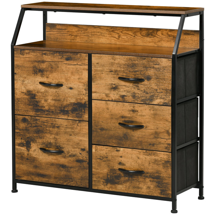 Industrial Dresser with 5 Fabric Drawers - Rustic Brown Bedroom Chest with Open Shelf - Space-Saving Storage for Living Room or Bedroom