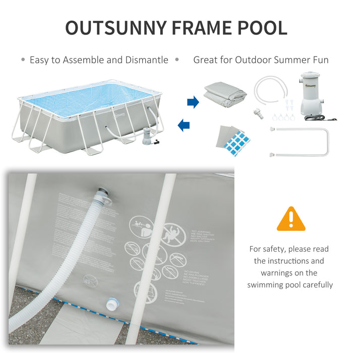 Outdoor Rectangular Above Ground Pool with Steel Frame and Filter Pump - Light Grey 340x215x80cm Family Size Swimming Pool - Ideal for Garden and Summer Fun