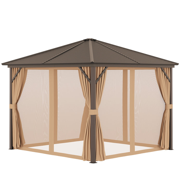 Aluminium Patio Gazebo 3x3 Meters - Hardtop Metal Roof Canopy with Mesh Curtains & Side Walls, Brown - Elegant Outdoor Shelter for Garden Parties & Events