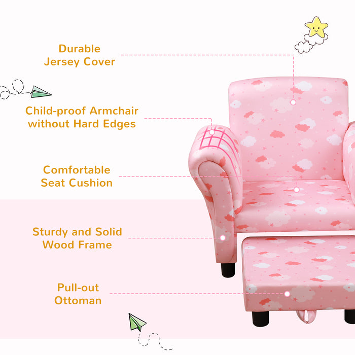 Kids' Mini Sofa Armchair with Footrest - Sturdy Wood Frame and Anti-Slip Legs, High Back, Pink Cloud and Star Design - Perfect for Bedroom or Playroom Furniture