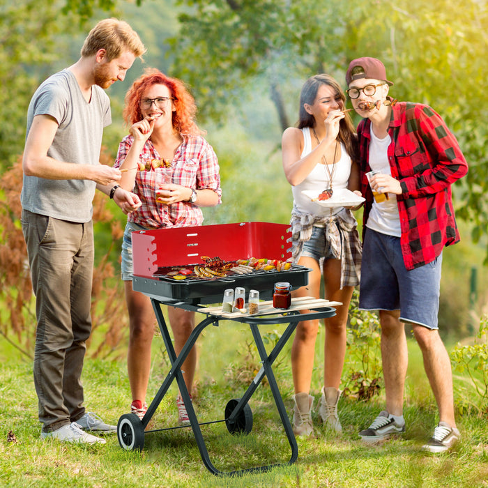 Foldable Charcoal BBQ Grill with Windshield - Portable Garden Barbecue Trolley with Wheels & Side Trays - Ideal for Outdoor Cooking, Red/Black Design