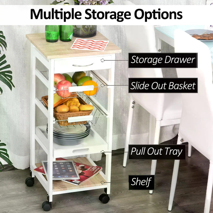 Mobile Kitchen Island Trolley with Serving Cart - Includes Drawer & Storage Basket, Elegant White Design - Ideal for Living Room Entertaining and Storage Needs