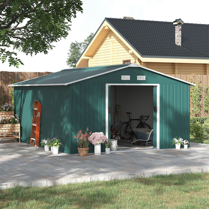 Large Metal Garden Shed 13x11 ft - Patio Roofed Storage Unit with Ventilation and Sliding Door, Deep Green - Spacious Outdoor Organizer for Tools and Equipment