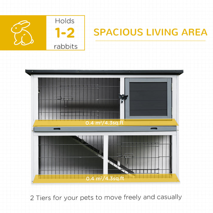 Two-Story Fir Wood Pet Hutch - Small Animal Enclosure with Sliding Tray, Grey Finish - Ideal Habitat for Rabbits & Guinea Pigs