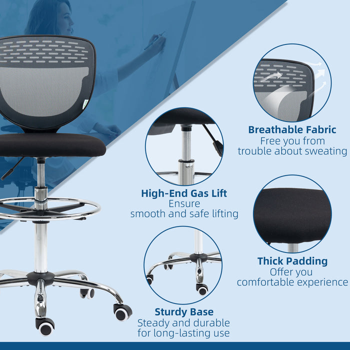 Ergonomic Mesh Drafting Chair - Swivel, Lumbar Support, Adjustable Foot Ring, Armless Design - Ideal for Architects and Standing Desk Users