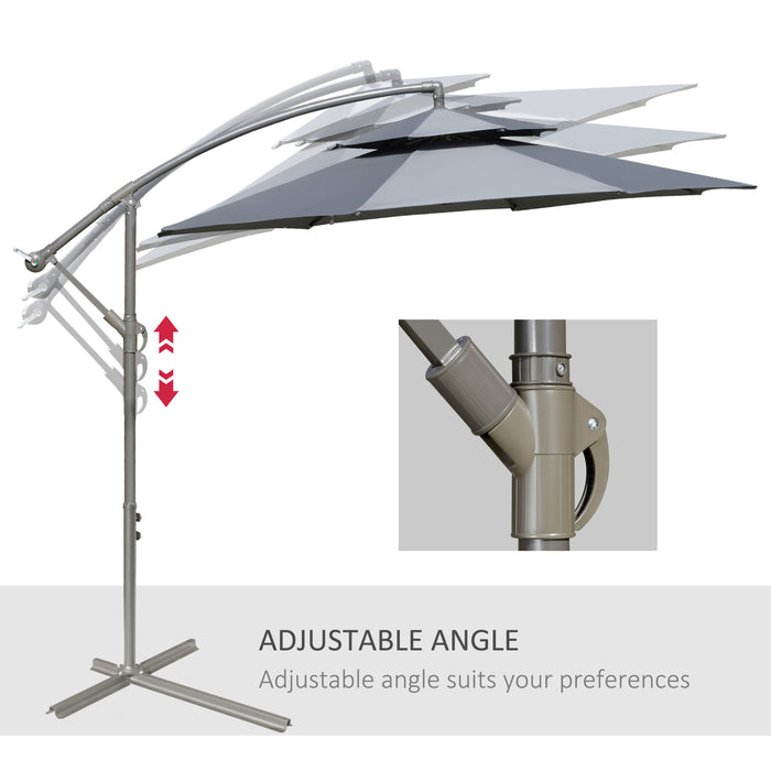 Garden Banana Parasol 2.7m Cantilever Umbrella - Double Tier Canopy, Crank Handle, and Cross Base Outdoor Sun Shade - Ideal for Patios and Backyards, Dark Grey