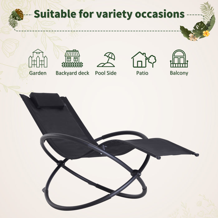 Zero Gravity Outdoor Orbital Lounger - Foldable Patio Rocking Chaise with Pillow, Black - Ideal for Relaxation and Sunbathing