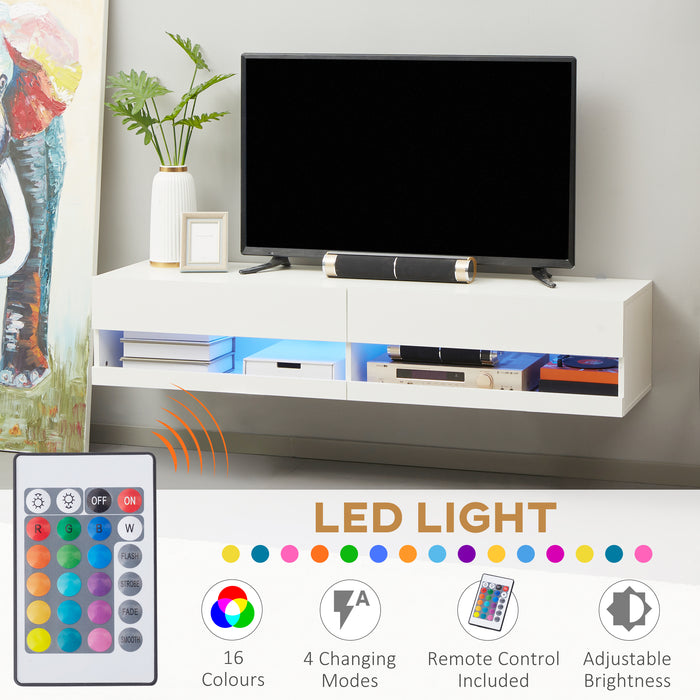 Modern High Gloss White TV Cabinet - Wall Mounted Unit with LED Lights for Up to 65-inch TVs, 150x40x30 cm - Ideal for Contemporary Living Room Ambiance