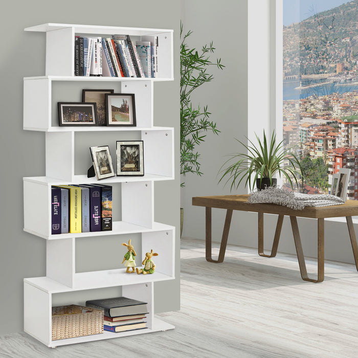 6-Tier S-Shaped Wooden Bookshelf - Open Concept Display & Storage Unit, White Finish - Ideal for Home Office and Living Room Organization