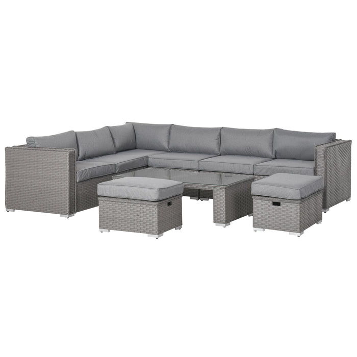 8-Seater PE Rattan Garden Sofa Set - Outdoor Corner Wicker Ensemble with Coffee Table & Footstool, Grey - Perfect for Patio and Conservatory Spaces