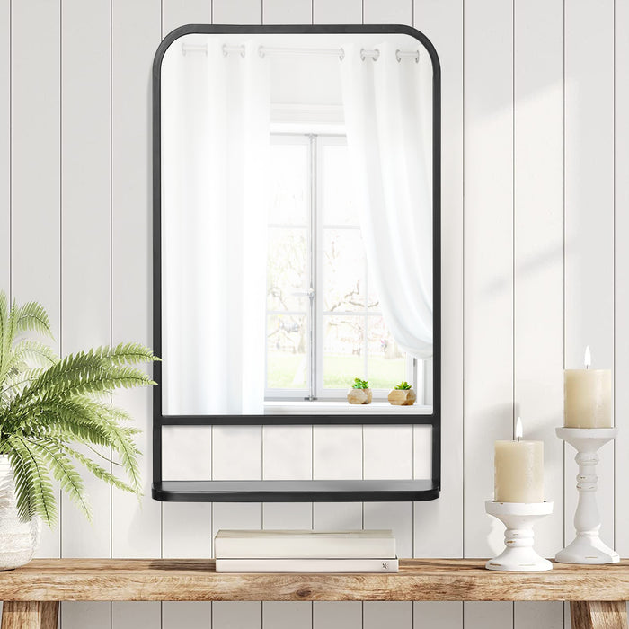 Modern Black Square Wall Mirror with Storage Shelf - 86x53cm Reflective Space Saver for Bedroom & Living Room - Stylish Decor with Functional Design