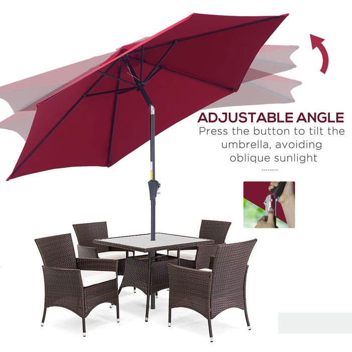 Wine Red 2.7M Tilting Parasol - Outdoor Sun Shade Umbrella with Aluminum Frame and Hand Crank - Ideal for Garden, Patio, and Deck Protection