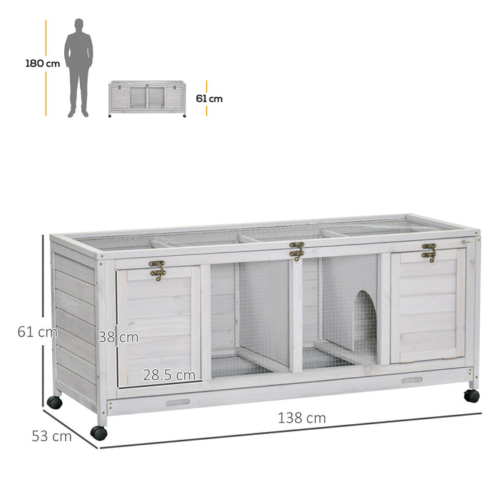 Mobile Wooden Rabbit Hutch with Detachable Bunny Run - Wheeled Guinea Pig Cage with Slide-out Tray, 138x53x61cm - Ideal for Small Pet Shelter & Easy Mobility in Light Grey