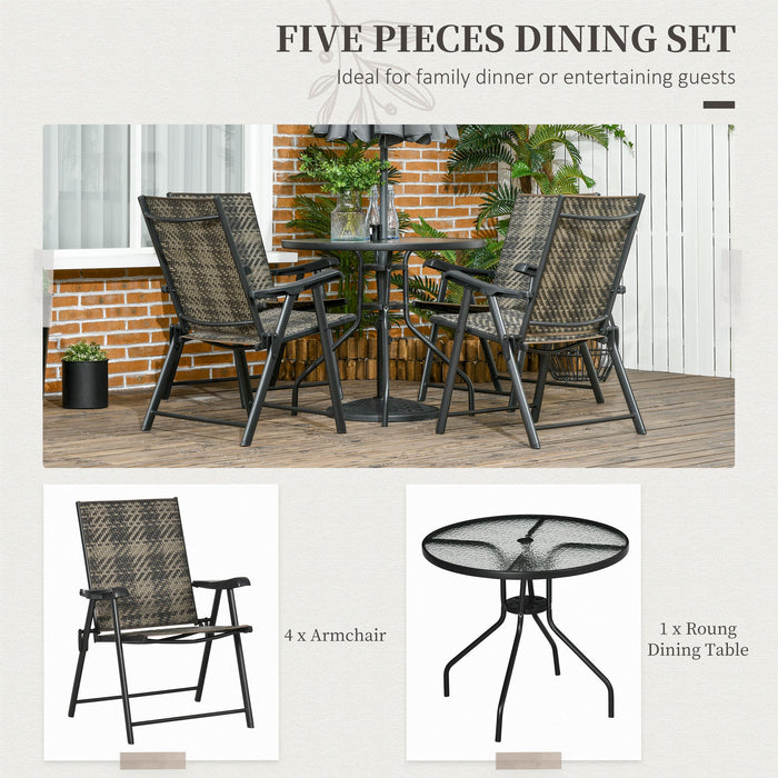 5-Piece Rattan Outdoor Dining Set - PE Rattan Folding Chairs with Round Glass-Top Table and Umbrella Hole - Ideal for Patio and Garden Entertainment