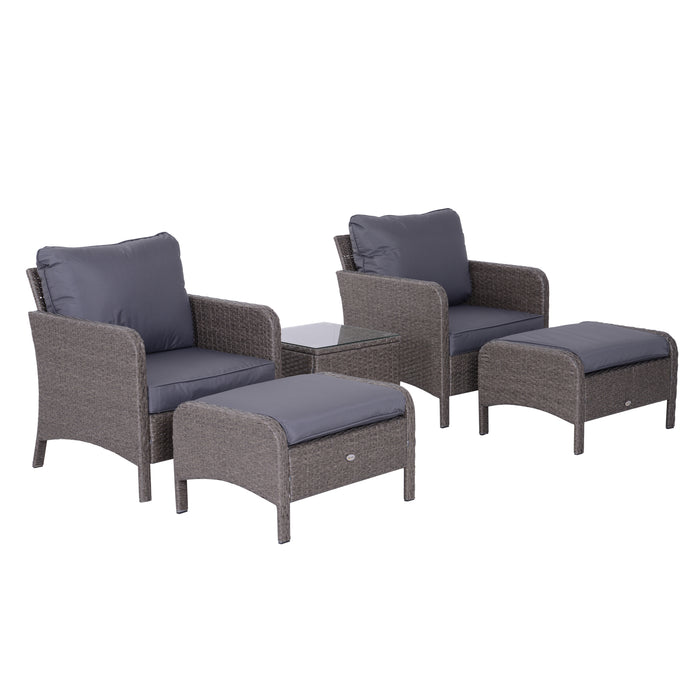 2 Seater Rattan Garden Lounge Set - Wicker Weave Sofa and Chair with Footstool, Coffee Table, Thick Cushions in Dark Grey - Ideal for Patio, Conservatory or Garden