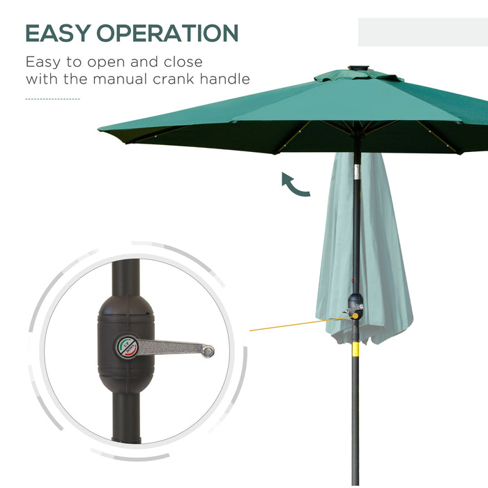 Patio LED Umbrella with Push Button Tilt/Crank - 2.7m Garden Parasol with 8 Rib Sun Shade, Green - Outdoor Table Market Umbrella for Sun Protection