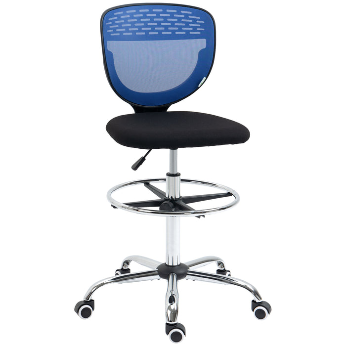 Ergonomic Drafting Chair - Swivel Mesh Draughtsman Stool with Lumbar Support and Adjustable Foot Ring - Armless Design for Standing Desks, Dark Blue