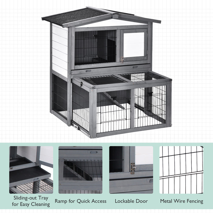 2-Tier Fur Wood Rabbit Hutch - Weatherproof Outdoor Pet Shelter in Grey - Ideal for Bunny Safety and Comfort