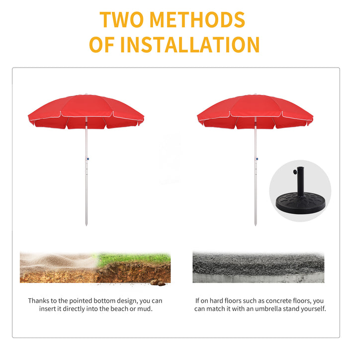 Arced Beach Umbrella 1.9m with 3-Angle Canopy - Aluminium Frame, Pointed Spike, Carry Bag - Outdoor Sun Shelter for Patio and Beach Safety, Red Color