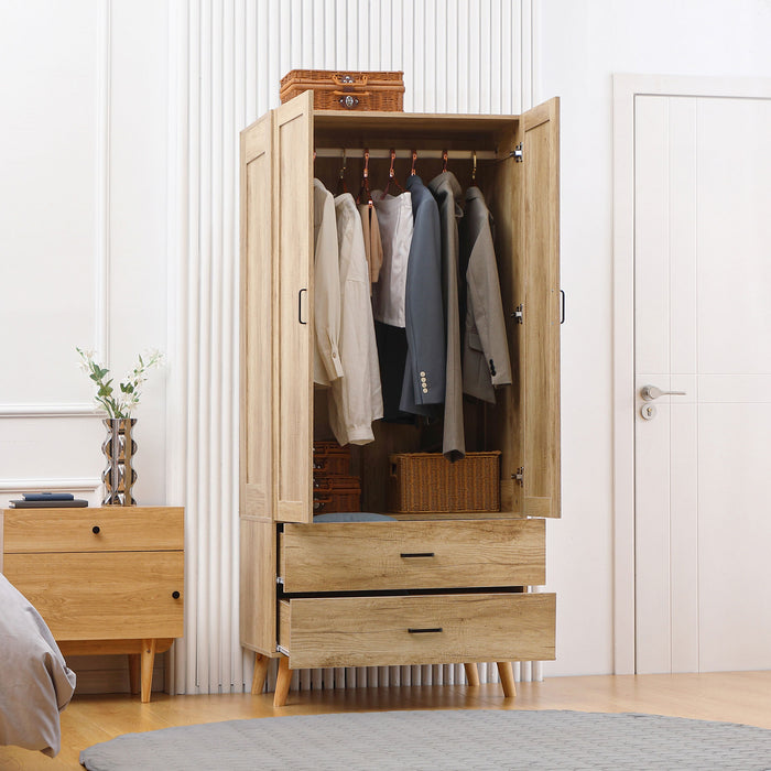 Modern 2-Door Bedroom Wardrobe - Sleek Design with 2-Drawer Storage and Hanging Rail - Space-Saving Closet Solution for a Natural Aesthetic