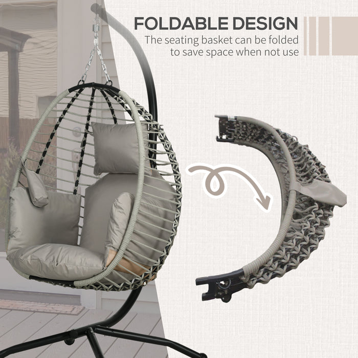 Outdoor Swing Chair with Cushioned Seat - Sturdy Metal Stand, Foldable Basket Design, Built-In Cup Holder - Comfy Hanging Lounger for Patio or Indoor Use, Grey