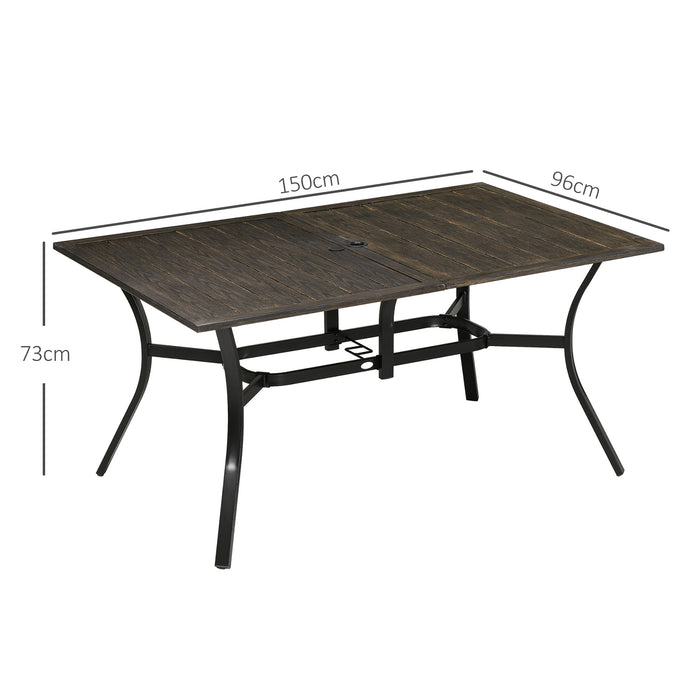 Six-Seater Steel Outdoor Dining Table with Wood-Effect Finish - Features 41mm Parasol Hole - Perfect for Garden Gatherings and Alfresco Meals