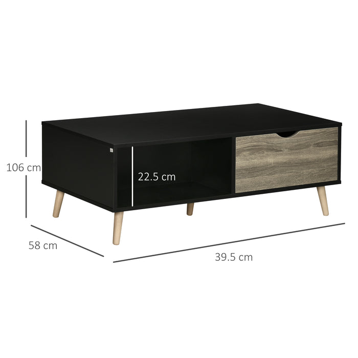 Modern Black Coffee Table with Storage - Open Shelves & Dual Drawers, Solid Wood Legs - Stylish Centerpiece for Living Room or Bedroom