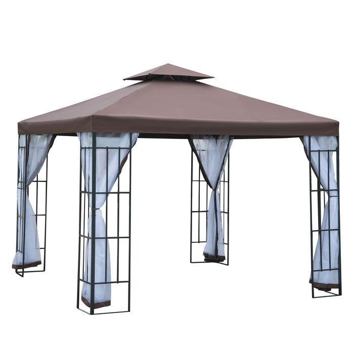 Patio Gazebo Canopy 3x3m - Garden Pavilion Tent with 2 Tier Roof, Mosquito Netting, Steel Frame - Ideal Outdoor Shelter for Relaxation, Coffee Color