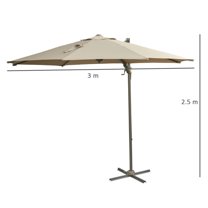 3M Cantilever Roma Umbrella - Hanging Parasol Sun Shade with Tilt Crank and 360-Degree Rotating System, Khaki - Ideal for Outdoor Patio Comfort