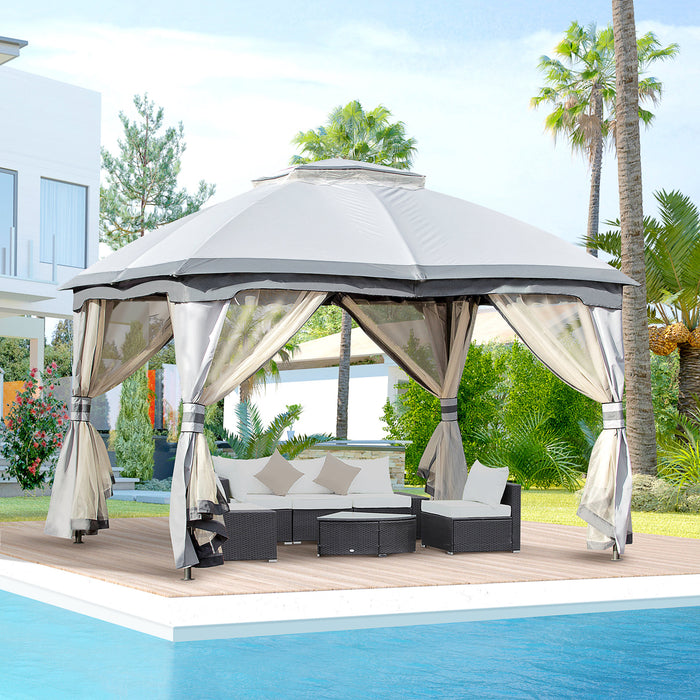 Metal Gazebo Canopy 3.7x3m with Netting Sidewalls - Double Tiered Roof Garden Patio Shelter - Ideal for Outdoor Parties and Gatherings