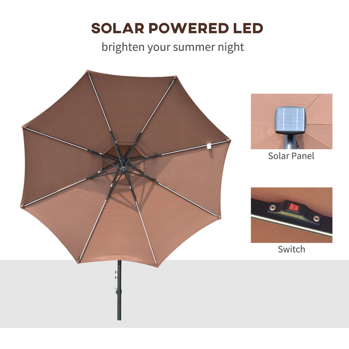 Cantilever 3m Parasol with Solar LED Lights - Double Roof Banana Hanging Umbrella, 8 Ribs, Crank Handle, Cross Base - Ideal for Outdoor Patio, Garden in Coffee Color