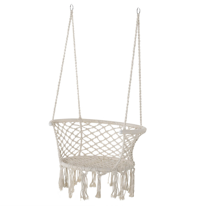 Cotton Rope Hammock Chair with Sturdy Metal Frame - Large Macrame Porch Swing with Cushion for Patio, Garden, Bedroom - Cream White Comfortable Seating Solution