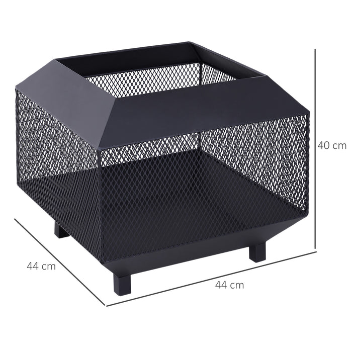 Outdoor Metal Square Fire Pit with Mesh Lid & Accessories - Sturdy Brazier with Log Grate and Poker for Backyard and Camping - Ideal Wood Burning Stove for Outdoor Entertainment, 44x44x40cm, Black